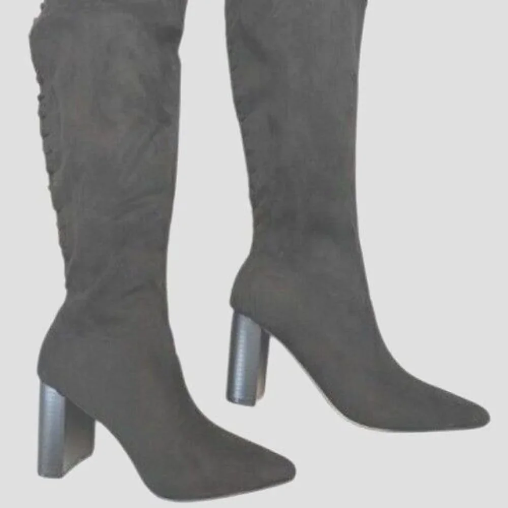 Black Over-The-Knee Suede Boots Women Size 5.5 Lace-Up Fashion 3.5 In Heels NEW
